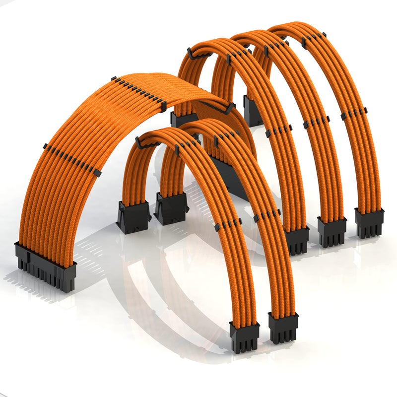 LINKUP - AVA 30cm PSU Cable Extension Sleeved Custom Mod GPU PC Braided w/Comb Kit - Compatible with RTX3090 | 1 x 24 P (20+4) | 2 x 8 P (4+4) CPU | 3 x 8 P (6+2) GPU Set | 300mm - Orange - Image 1
